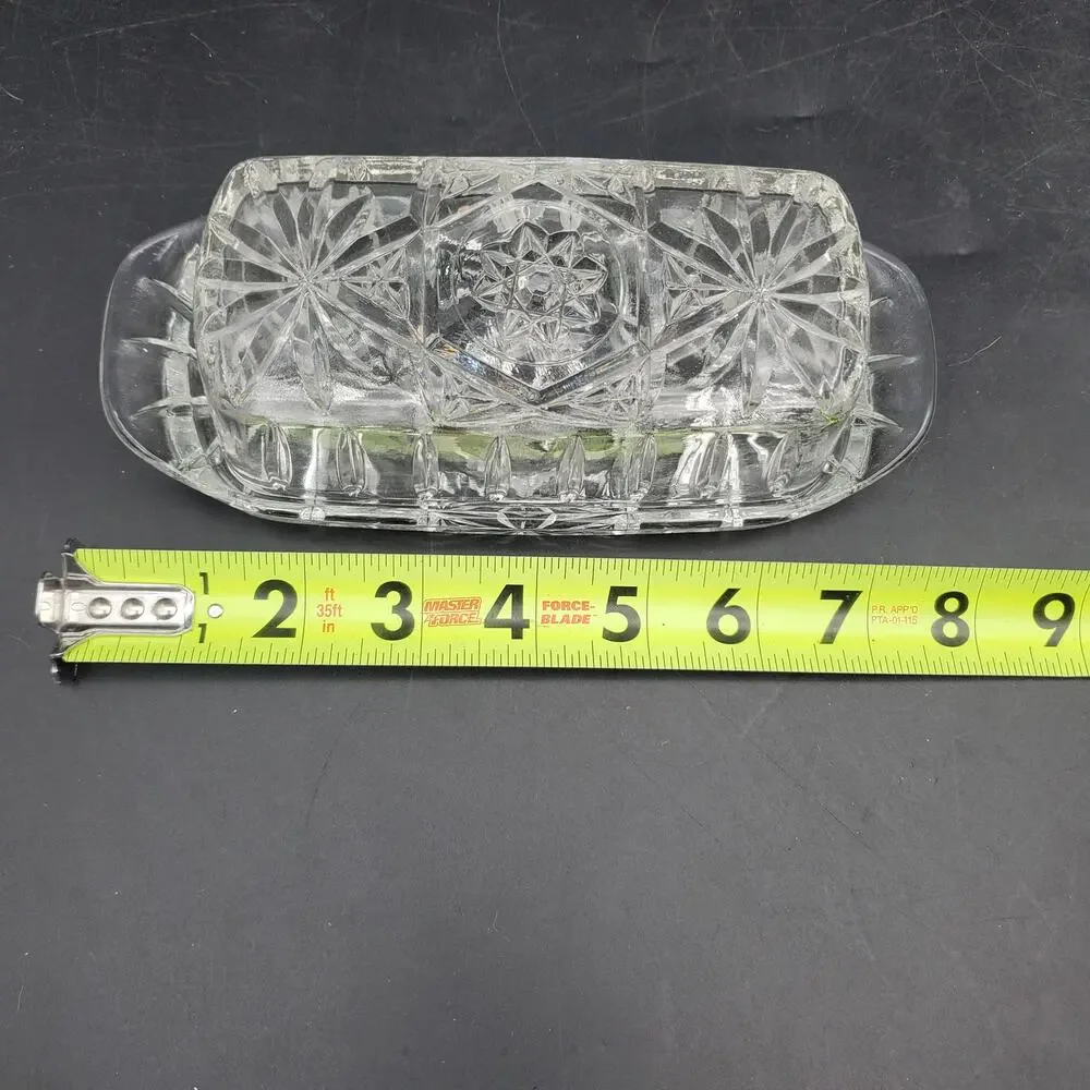 Vintage Cut Pressed Glass Covered Butter Dish Starburst Diamond Pattern